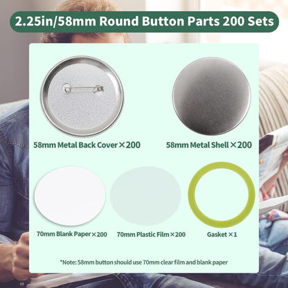 200 Sets 2.25 Inch Button Maker Supplies, 58Mm Button Supplies Parts Badge Part, Buttons Making Supplies, Includes Metal Pin Back Cover, Metal Shells, Blank Paper&Clear Film