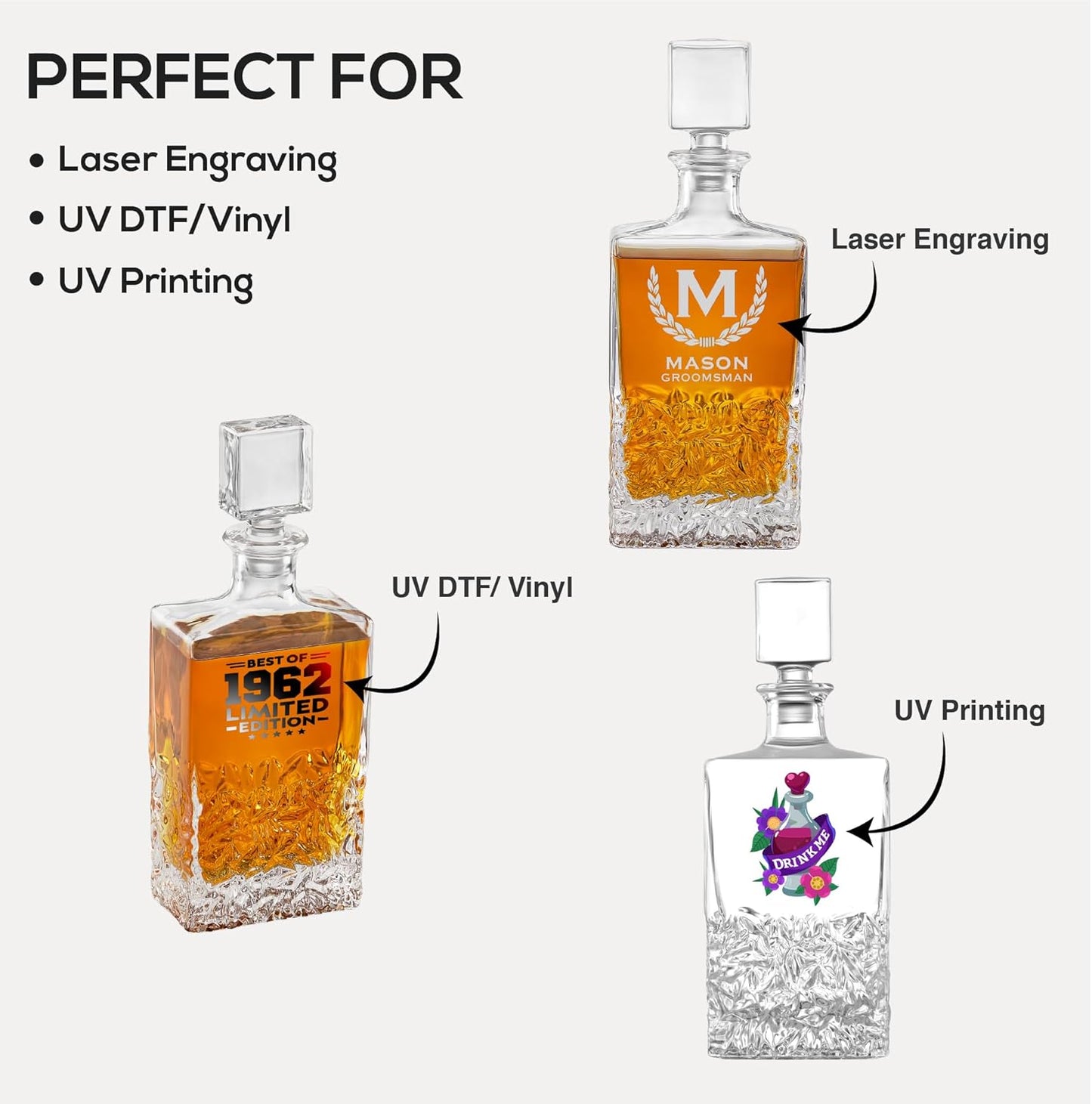 Makerflo Customizable 24 Oz Whiskey Decanter with Airtight Stopper Set of 6 | Liquor Decanter Bottle for Wine, Scotch, Bar, Ideal for Personalization - (Laser Engraving, UV DTF, Vinyl, Epoxy)