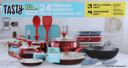 Clean Ceramic 24 Piece Non-Stick Aluminum Cookware Set, Red