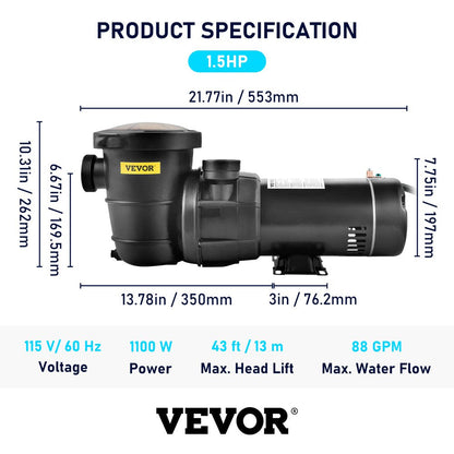 Swimming Pool Pump, 1.5HP 115V, 1100W Single Speed Pumps for above Ground Pool W/ Strainer Basket, 5280GPH Max. Flow, Certification of ETL