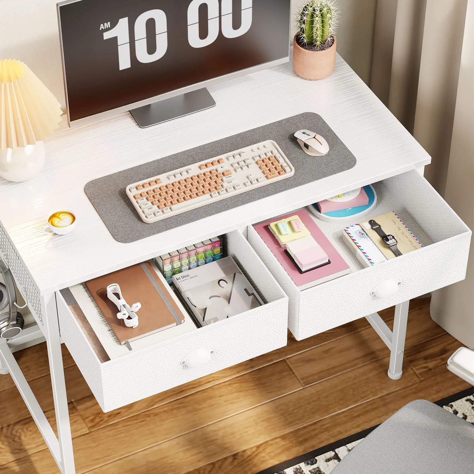White Writing Desk with Drawers & Hooks, 34" Computer Desk with 2 Fabric Drawers