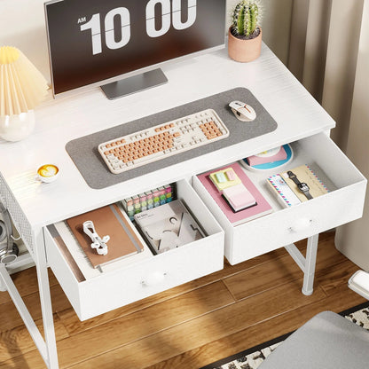 White Writing Desk with Drawers & Hooks, 34" Computer Desk with 2 Fabric Drawers