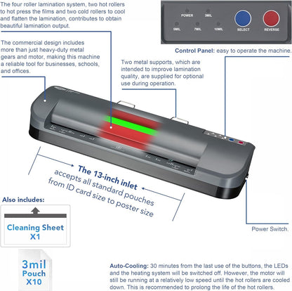 SINCHI 13-Inch Thermal Laminator & Foil Applicator, 3–10 Mil, 4-Roller, 55S Warm-Up, 18 Seconds/Page, Auto Shutoff, Commercial-Grade Laminating Machine with 10 Pouches for Office, School, Crafts & DIY