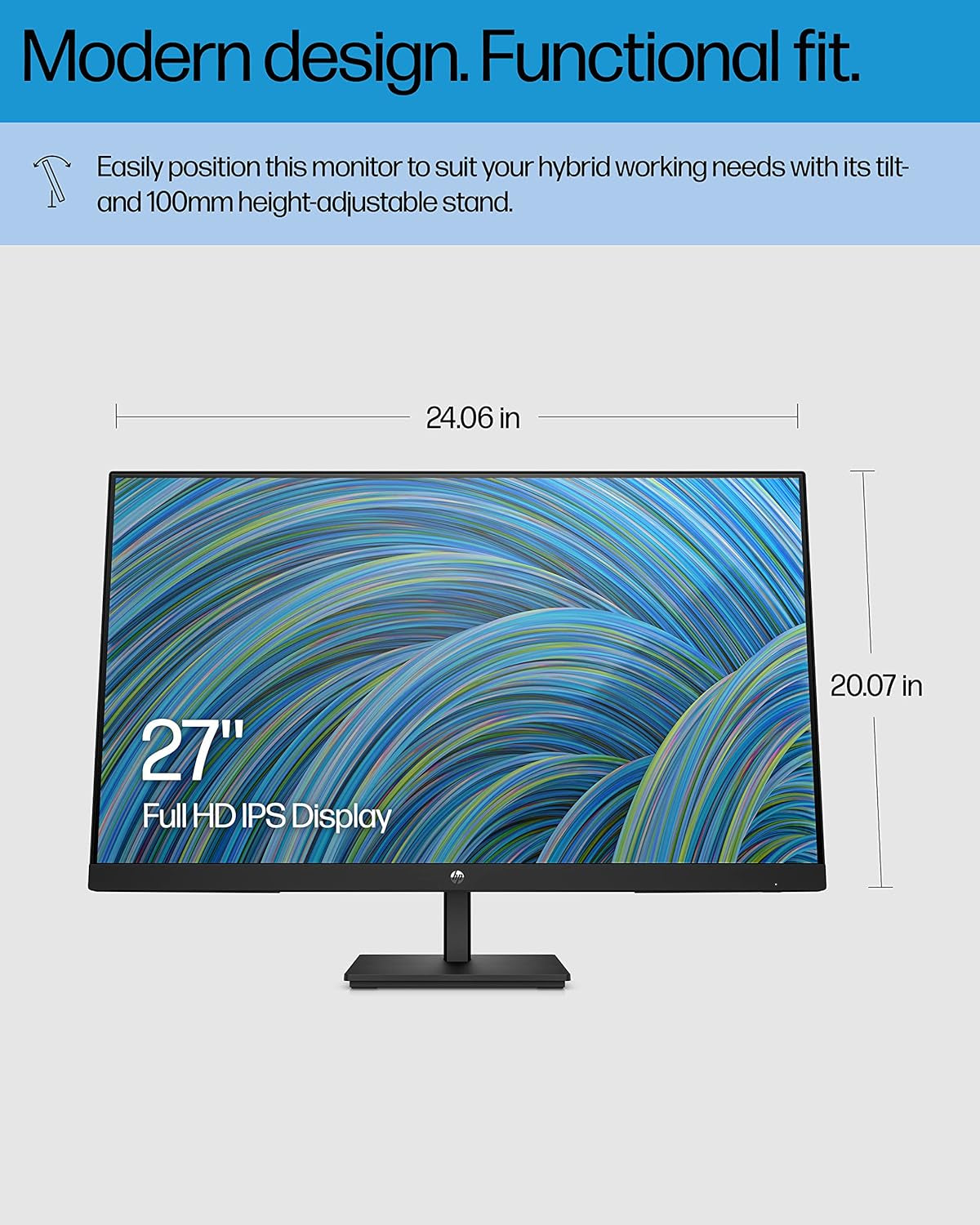HP 27H Full HD Monitor - Diagonal - IPS Panel & 75Hz Refresh Rate - Smooth Screen - 3-Sided Micro-Edge Bezel - 100Mm Height/Tilt Adjust - Built-In Dual Speakers - for Hybrid Workers