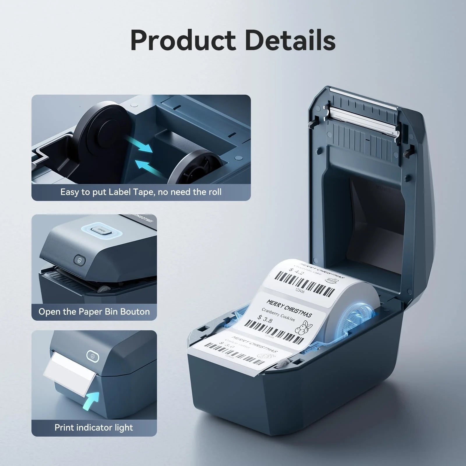 Thermal Label Printer, 3" Bluetooth Label Printer for Business and Industry,Printing Pictures, Text, Barcodes, Support Bluetooth/Usb/Wifi(Blue)