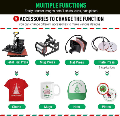 Slendor 5 in 1 Heat Press Machine 12X15 Inch 360-Degree Swing Away Digital T Shirt Pressing Machine Multifunction Heat Transfer Sublimation Combo for T Shirts Mugs Hat Plate Cap