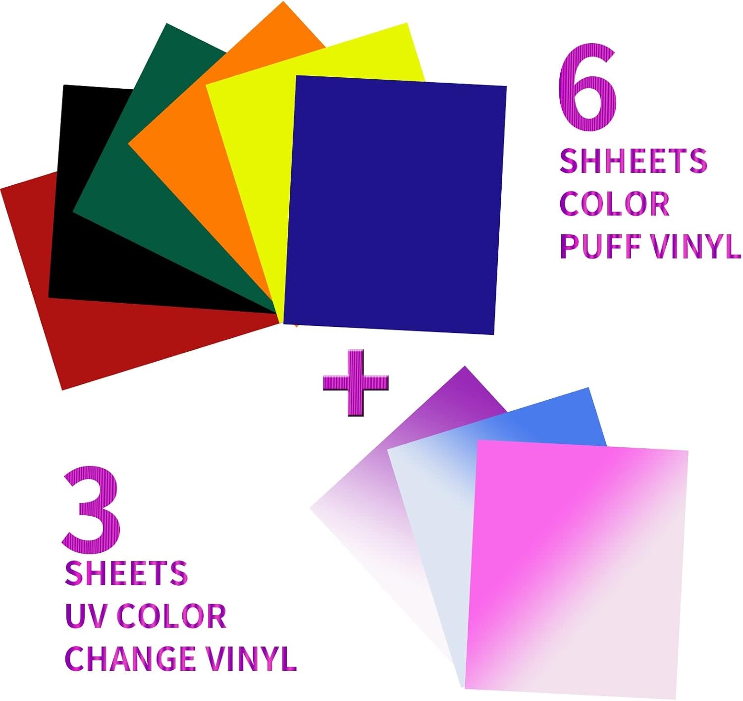 Puff Vinyl Heat Transfer & Color Changing Bundle, 6 Sheets 3D Puff HTV + 3 Sheets UV Color Change Puff Iron on HTV Vinyl for Heat Press T Shirts & Clothes, 9 Colors, 12'X10'