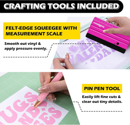 4 Pack 12"X12" Green Standard Adhesive Cutting Mats, with Precision Vinyl Pin Pen & 6 Inch Squeegee - Ideal for HTV, Vinyl, Quilting & Crafting, Compatible with Popular Cutting Machines