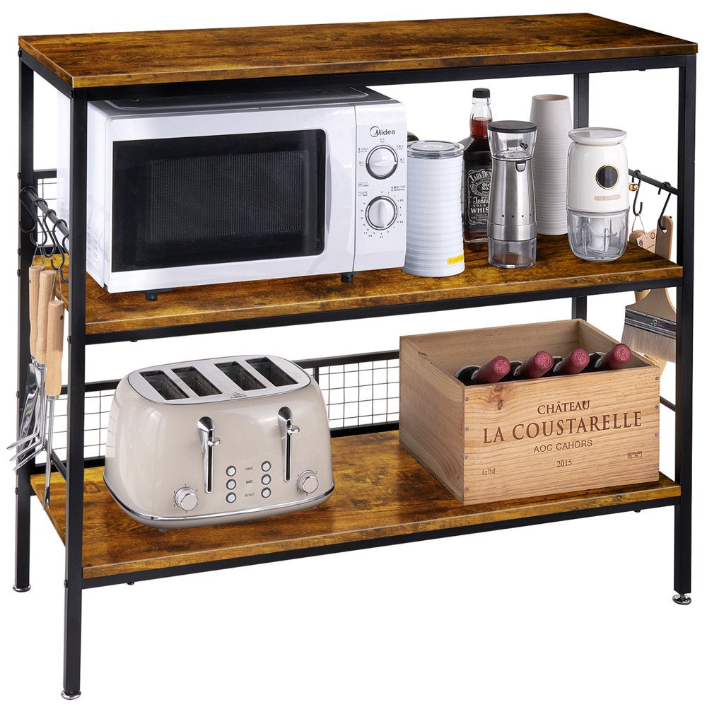 Rolling Kitchen Storage Cart Island with Large Open Shelves and Large Worktop, 3-Tier Kitchen Baker’S Rack with 10 Hooks, Stable Steel Structure and Easy Assembly, Rustic Brown