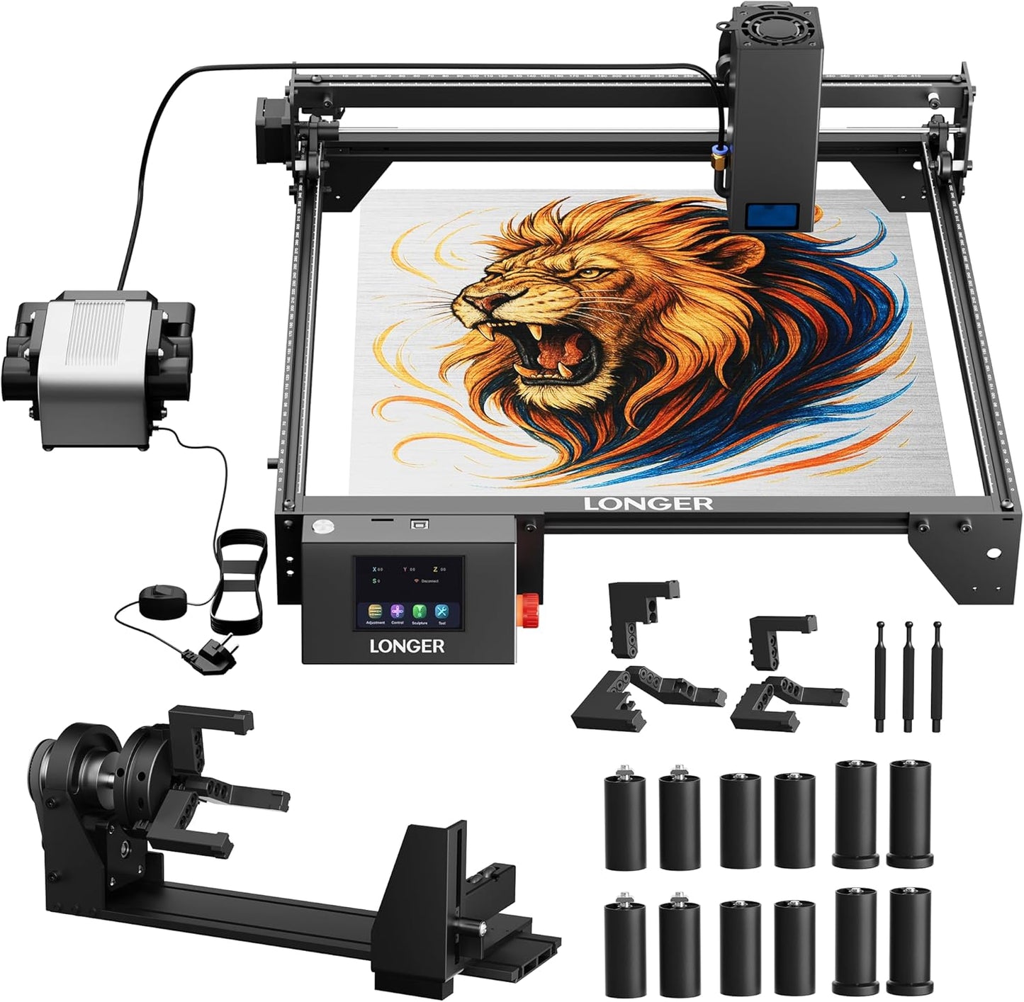 LONGER Laser Engraver Ray5 20000Mw Engraver Machine with Air Assist Kit DIY CNC Laser Cutter Tool for Metal Glass Wood Working Area 15.7 "X15.7" with 4-In-1 Rotary Roller Kit