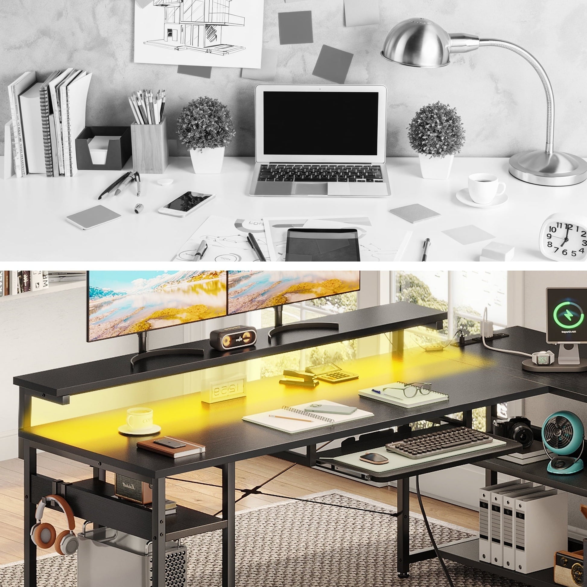 61 Inch L Shaped Gaming Desk with 4 Drawers & Power Outlets, Home Office Desk with Adjustable Heights Monitor Stand & Keyboard Tray, Computer Desk with LED Light, Pure Black