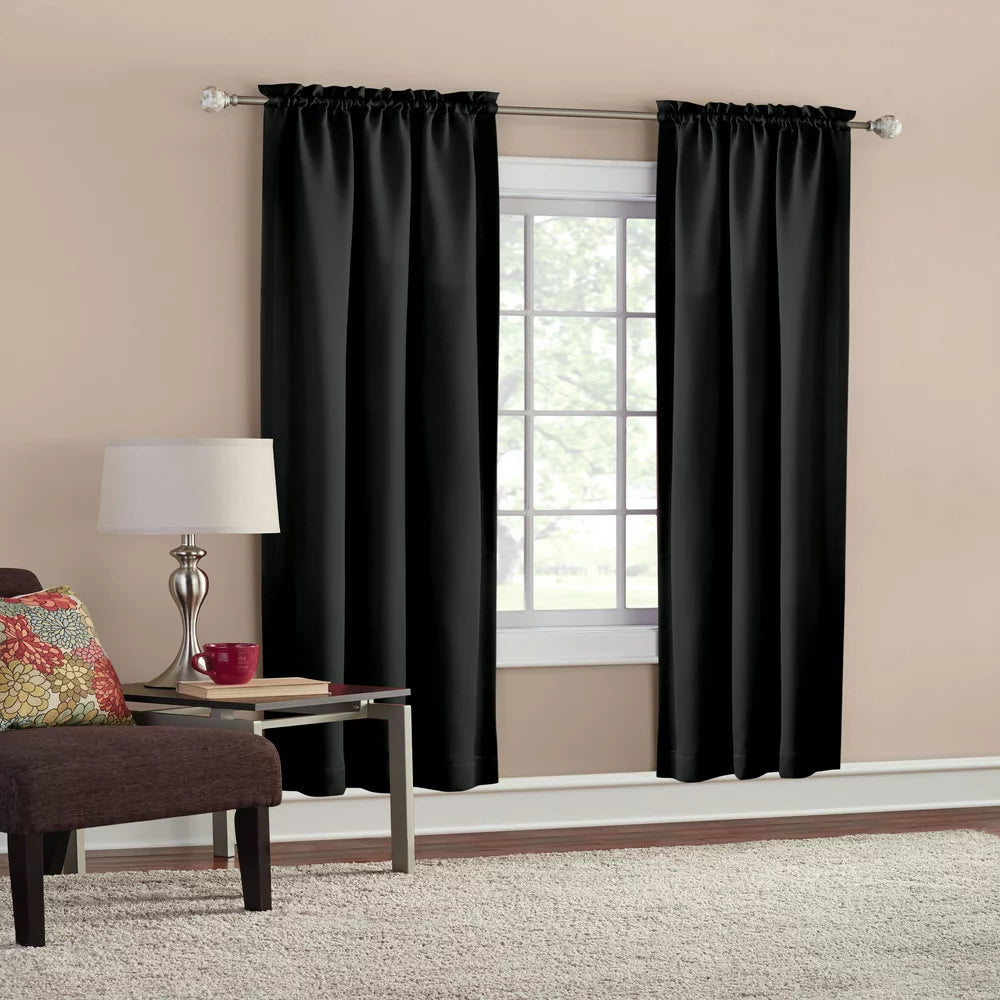 Solid Black Room Darkening Rod Pocket Curtain Panel Pair, 30" X 84"