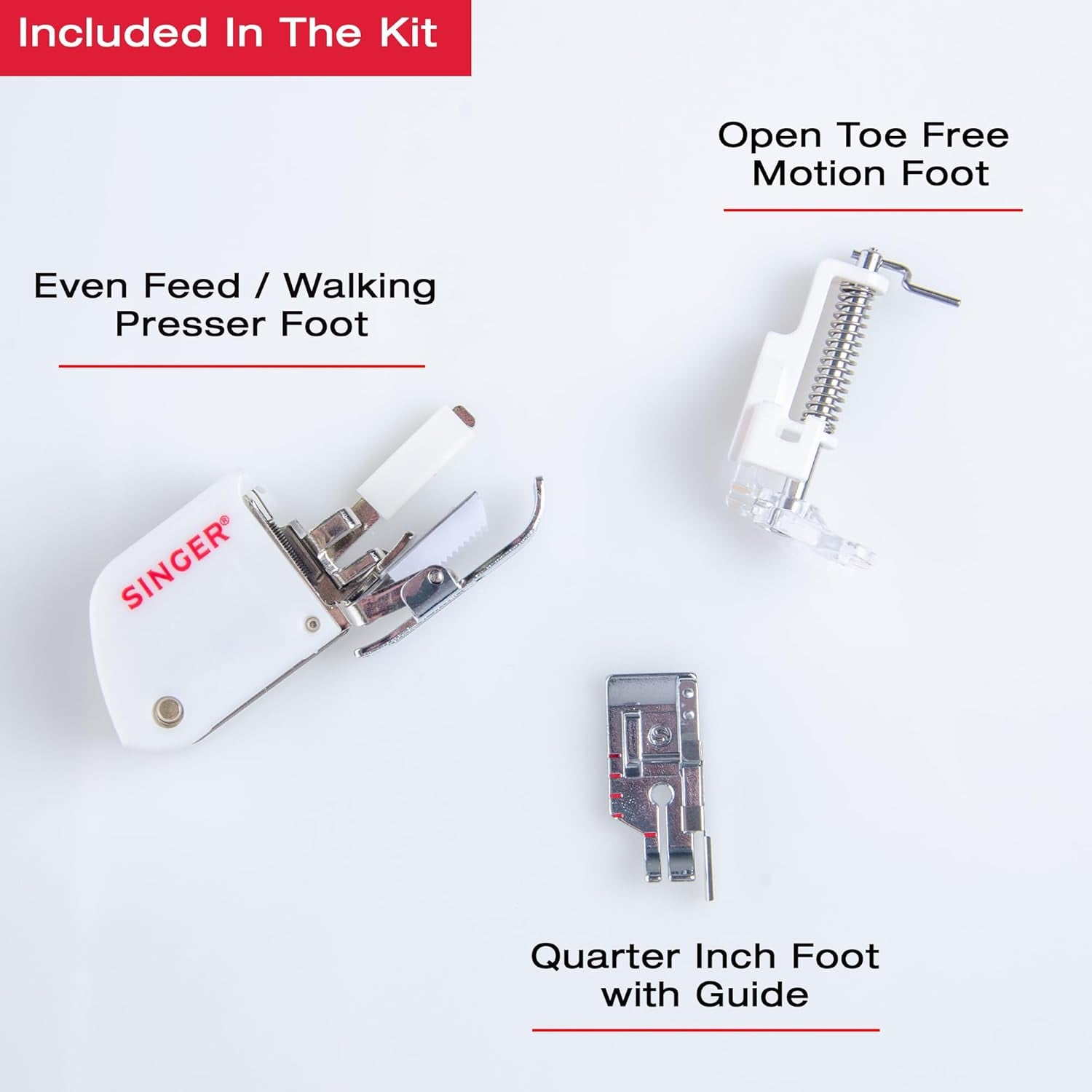 SINGER Quilting Presser Foot Kit | 3 Essential Presser Feet for Quilting – Even Feed Foot, Quarter Inch Foot with Guide & Open Toe Free Motion Foot | Compatible with SINGER CA-CC, CE, EA-EC Series