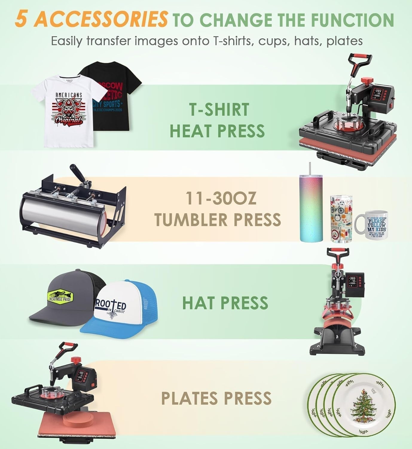 5 in 1 Heat Press Machine 12X15 Inch Sublimation Heat Press 360° Swing Away Heat Transfer Digital T-Shirt Pressing with 30OZ 20OZ Tumbler Press, Multifunction Combo for Hat Cap Plate