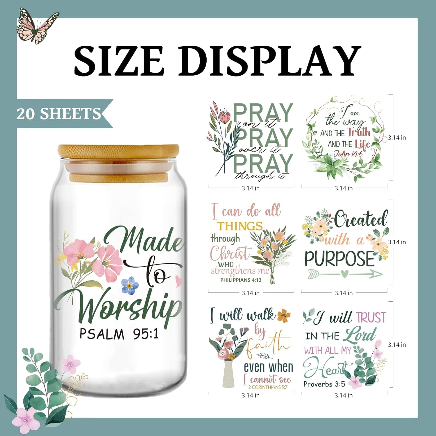 Bible Verse UV DTF Decals - 20 Sheets Christian Motivational Quotes Uvdtf Cup Wraps for 16 Oz Glass Coffee Mug, Flower Butterfly Transfer Stickers DIY Water Bottle Craft Decor Religious Gifts for Mom