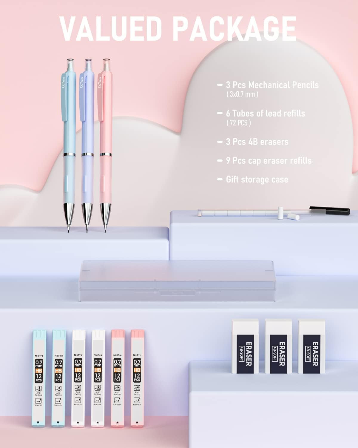 Nicpro 3PCS Cute Mechanical Pencil Set with Case, 0.7 Mm Pencils with 6 Tube HB Lead Refill, 3PCS Eraser, 9PCS Eraser Refill for School Supplies Student Writing, Drafting Drawing Sketching