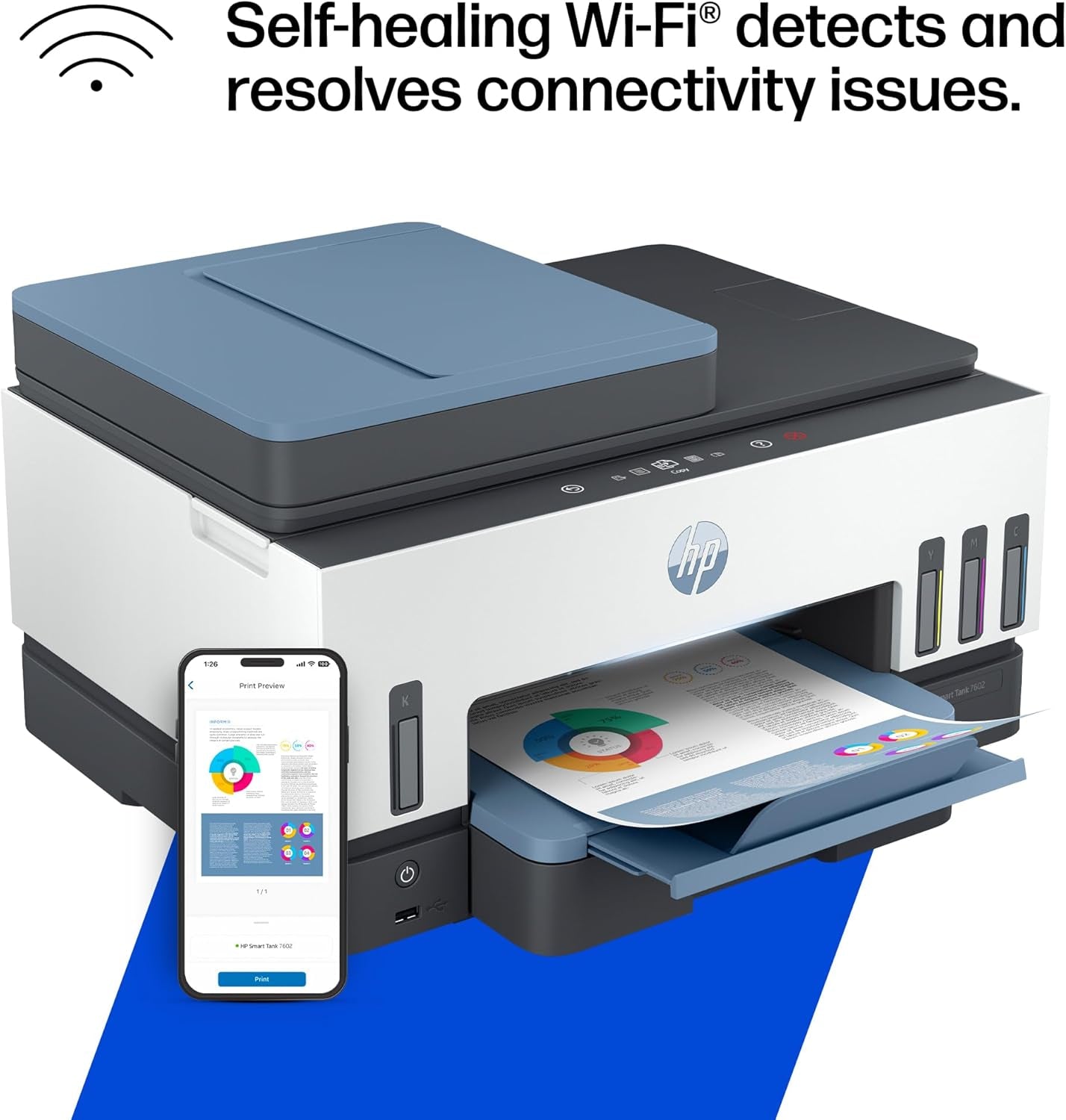 HP Smart Tank 7602 Wireless All-In-One Ink Tank Printer, Scanner, Copier with 2 Years of Ink Included, Best-For-Home Office, Cartridge-Free Refillable, Ai-Enabled (28B98A)