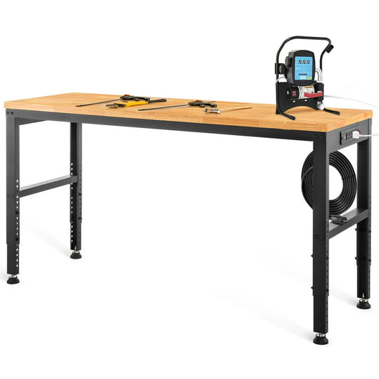 Workbench Adjustable Height, 61"L X 20"W X 36"H Garage Table W/ 27.1" - 36" Heights & 2000 Lbs Load Capacity, with Power Outlets & Hardwood Top & Metal Frame & Foot Pads, for Office Home