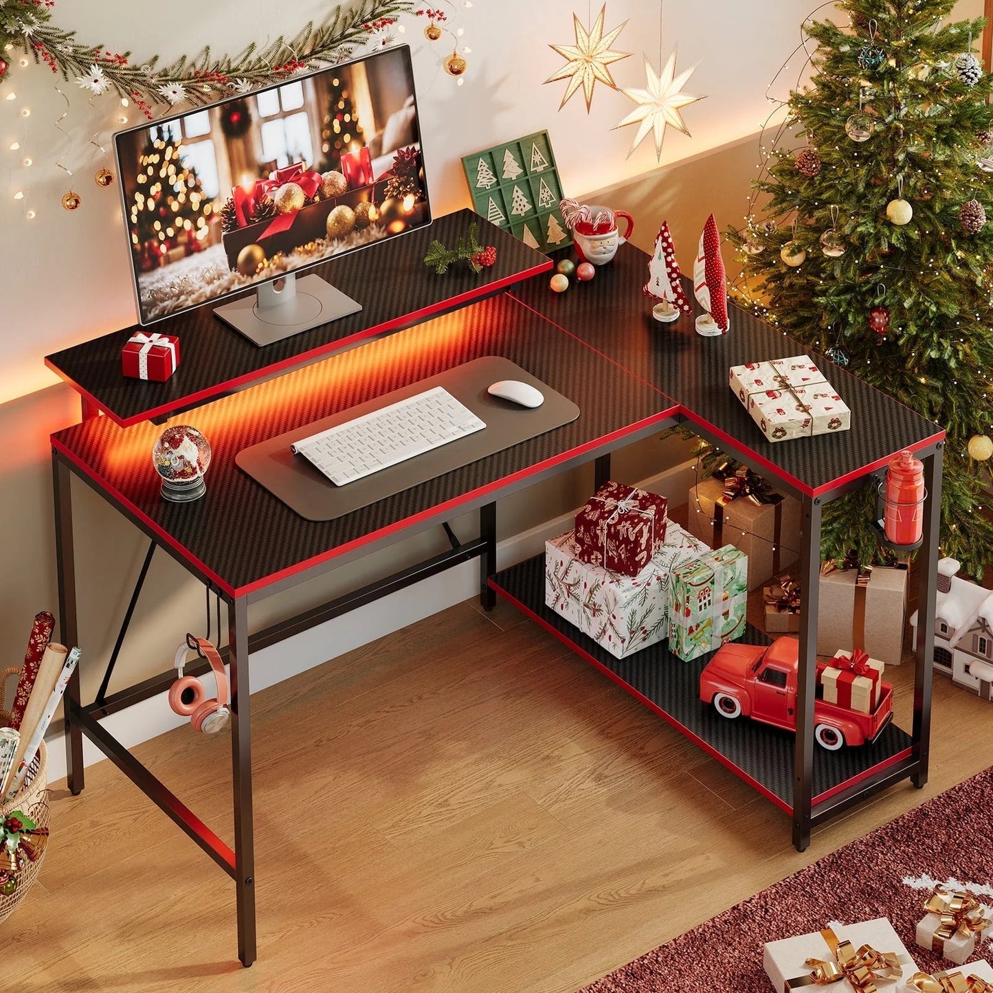 42" Reversible L-Shaped Gaming Desk with Monitor Stand, LED Lights& Headset Hooks, Home Office, Carbon Fiber Black