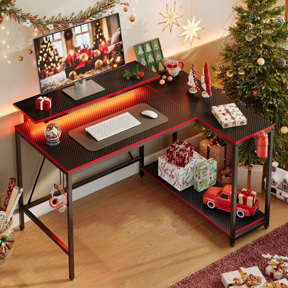 42" Reversible L-Shaped Gaming Desk with Monitor Stand, LED Lights& Headset Hooks, Home Office, Carbon Fiber Black