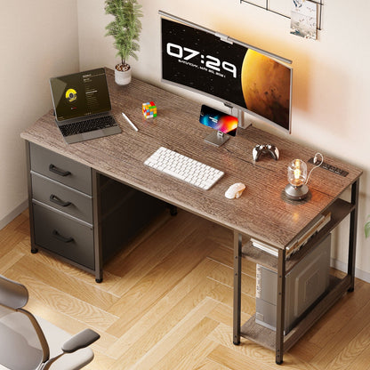 51 Inch Computer Desk with File Drawers & USB Power Outlets- Reversible Home Office Desk with Storage Shelves, Work from Home, Writing Table for Bedroom, Gray Oak