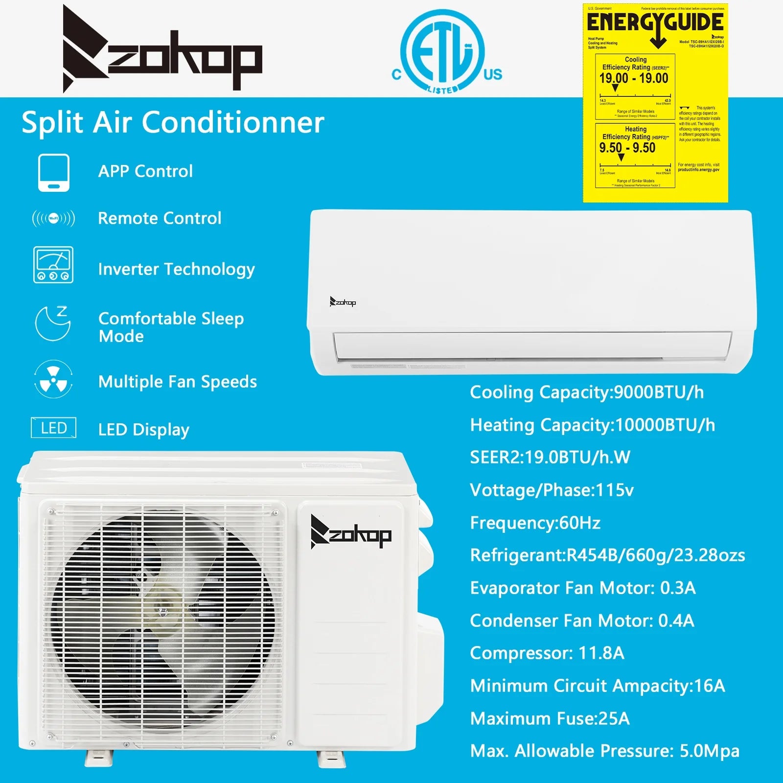 9000 BTU Wifi Enabled 19 Seer Mini Split Air Conditioner & Heater AC 115V