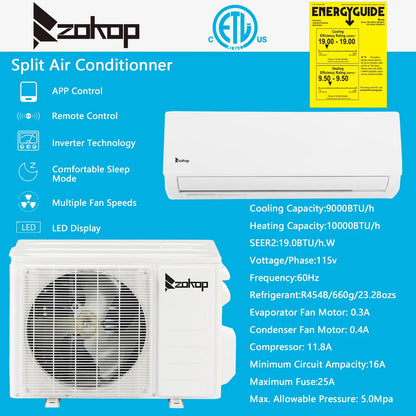 9000 BTU Wifi Enabled 19 Seer Mini Split Air Conditioner & Heater AC 115V