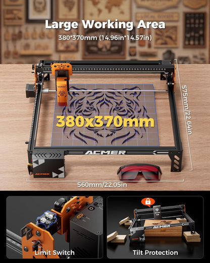 ACMER P1 S Pro 10W (10000Mw) Laser Cutter ＆ Engraver Machine,With 380×370Mm Large Working Area, Wifi Control, Engraves and Cuts Wood, Acrylic, Leather, Glass, Metal for DIY, Crafts & Small Business