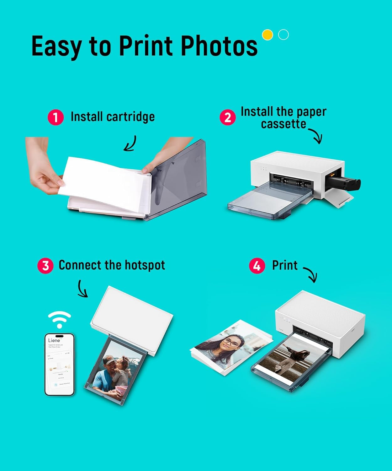 Liene M100 4X6'' Photo Printer, Phone Printer 100 Sheets & 3 Cartridges, Full-Color Photo, Portable Instant Photo Printer for Iphone Android, Thermal Dye Sublimation, Wi-Fi Picture Printer 100 Papers