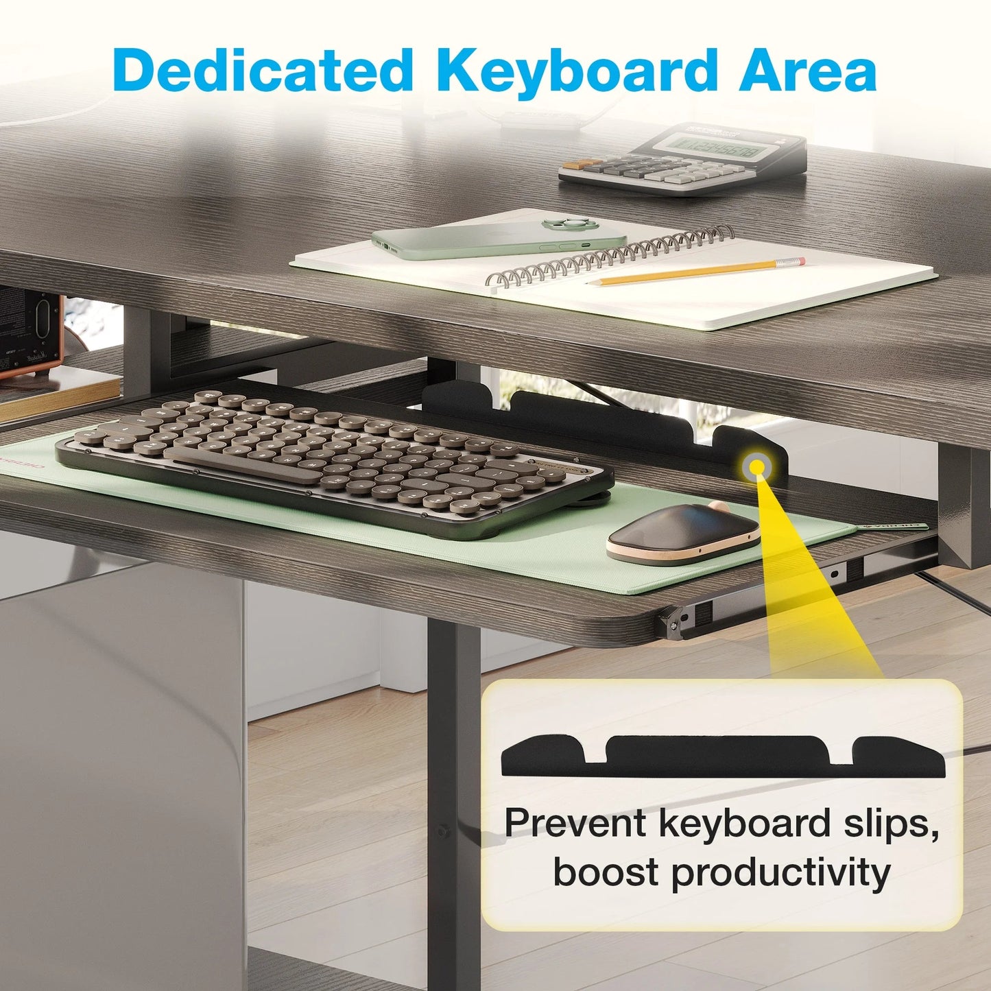 55 Inch Office Desk with Power Outlet and Adjustable Monitor Stand, Computer Desk with Fabric Drawer and Keyboard Tray, Gaming Desk with LED Light & PC Stand, Vintage