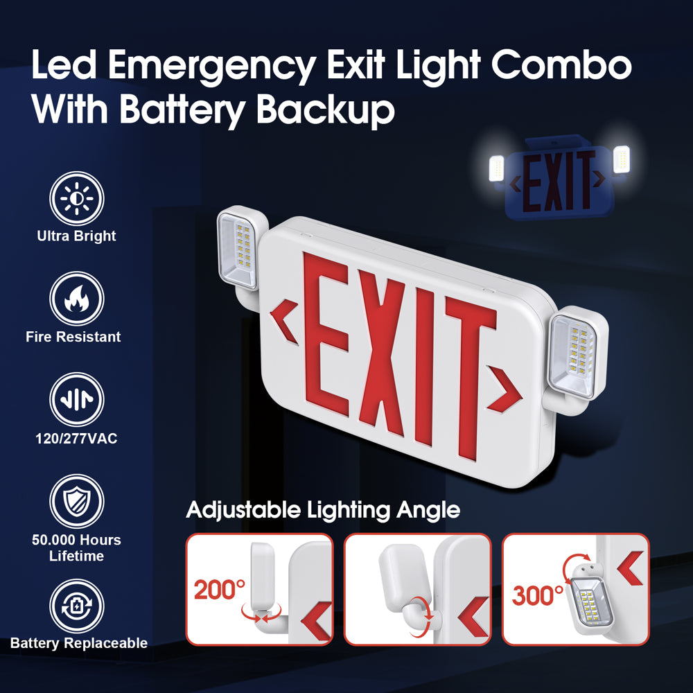 Led Combo Emergency Exit Sign Light with Two Adjustable Head Backup Battery,Us Standard Red Letter Commercial,Ul 924,AC120/277V(1 Pack)