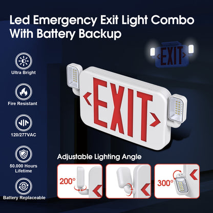 Led Combo Emergency Exit Sign Light with Two Adjustable Head Backup Battery,Us Standard Red Letter Commercial,Ul 924,AC120/277V(1 Pack)