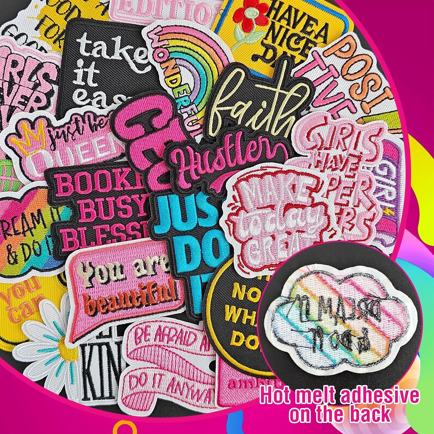 25 Pcs Phrase Iron on Patches for Girls, Assorted Styles Patches for Hat, Positive Affirmations Iron on Patches for Clothes, Backpack, Bags, Shoes and DIY Crafts
