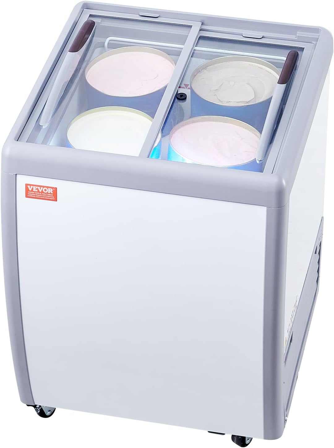 VEVOR Commercial Ice Cream Display Case, 5.6 Cu.Ft Chest Freezer, Mobile Glass Top Deep Freezer, Restaurant Gelato Dipping Cabinet, 2 Sliding Glass Doors, Locking Casters, White