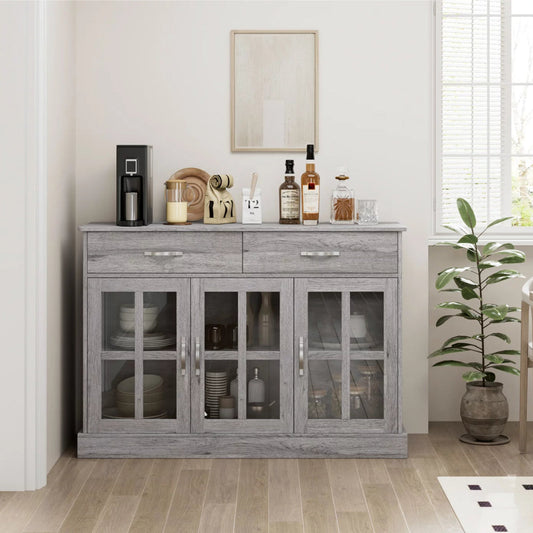 Buffet Server Cupboard, Kitchen Sideboard Cabinet with 3 Doors and 2 Drawers for Dining Room, Sliver Gray Finish