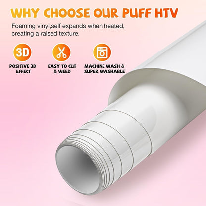 Vinylrus White Puff Vinyl Heat Transfer 3D -12” X 6Ft Puff Iron on Vinyl for T-Shirt, Puff HTV Vinyl Roll for Silhouette Cameo, or Maker, Easy to Cut and Weed