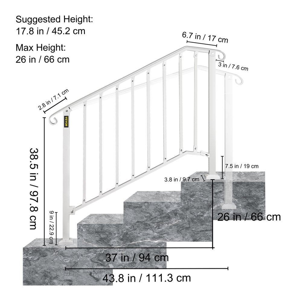 brand Handrail Picket #3 Fits 3 or 4 Steps Stair Rail Height Adjustable Wrought Iron Handrail with Installation Kit Hand Rails for Outdoor/Indoor Steps， Matte White