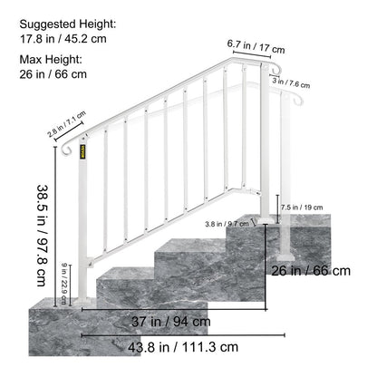 brand Handrail Picket #3 Fits 3 or 4 Steps Stair Rail Height Adjustable Wrought Iron Handrail with Installation Kit Hand Rails for Outdoor/Indoor Steps， Matte White