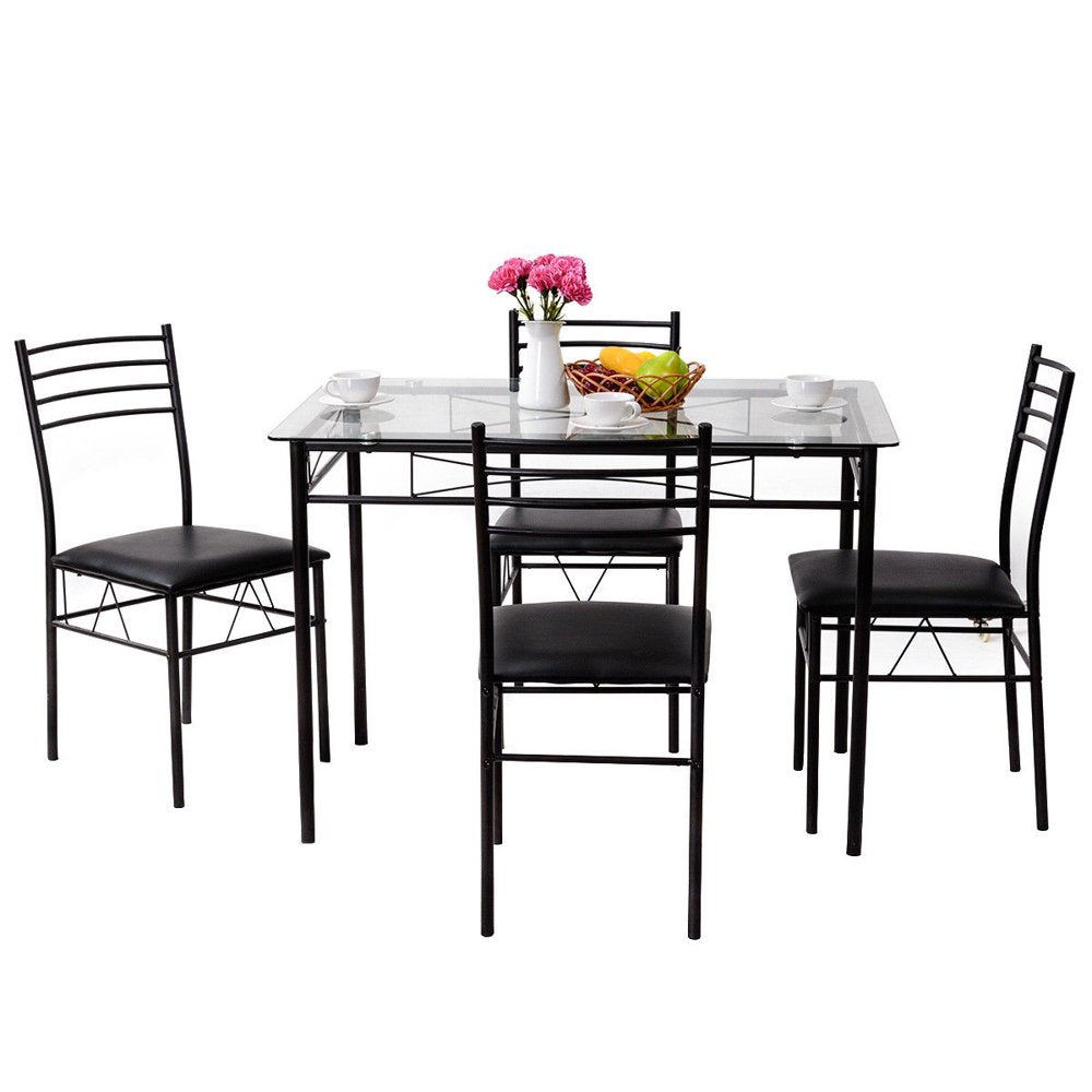 5 Piece Dining Set Glass Top Table & 4 Upholstered Chairs Kitchen Room Furniture