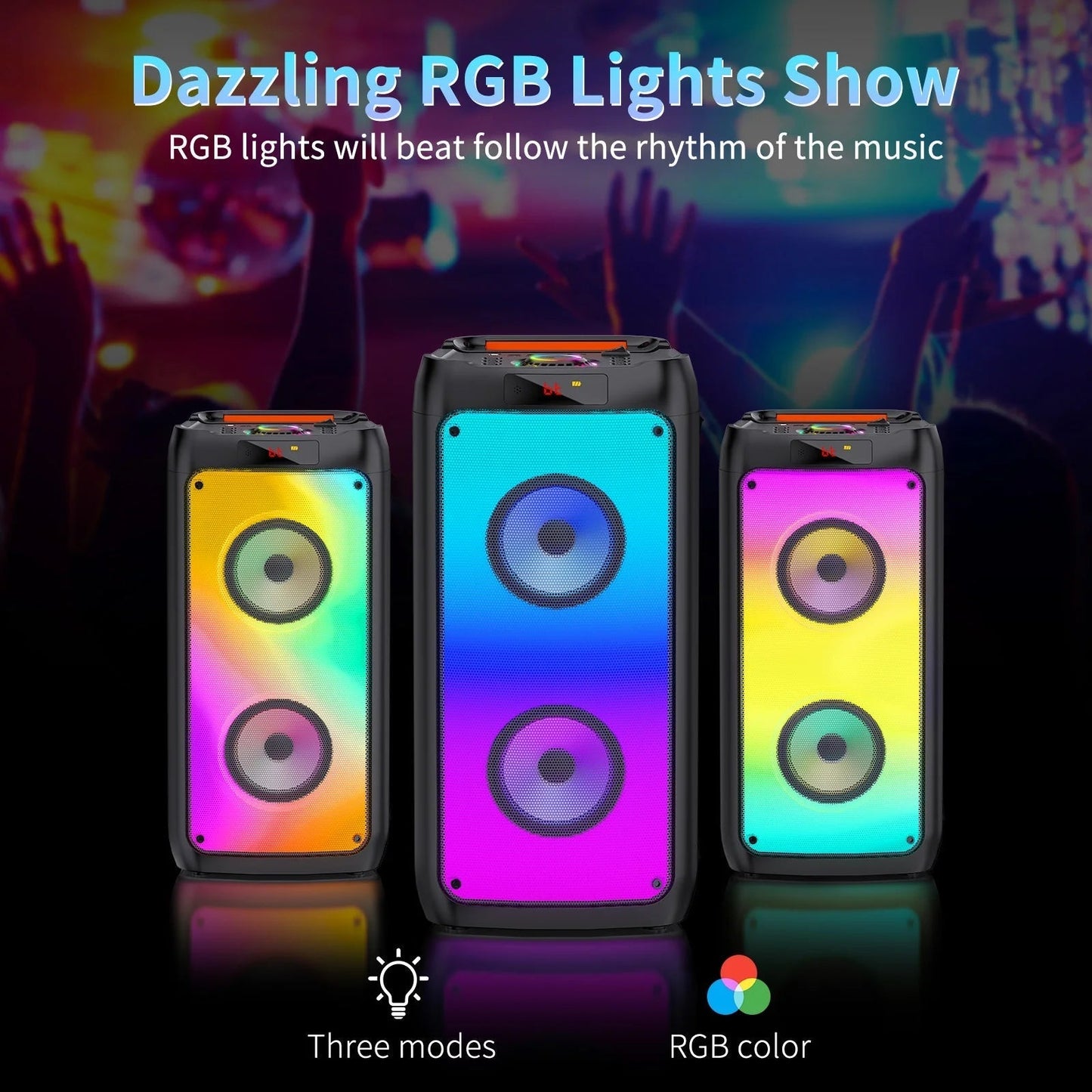 Party Speaker, Bluetooth Speaker with 2 Microphones, Dual 4'' Subwoofer Deep Bass