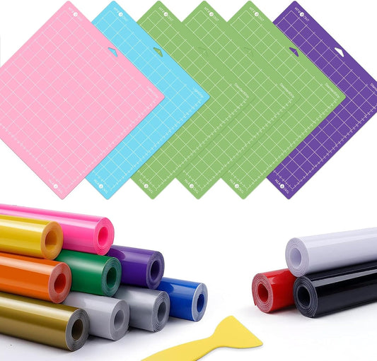 HTVRONT 12 Pack 12 Inch by 5 Feet Permanent Vinyl for Cricut & 6 Pack 12X12” Cutting Mat for Cricut