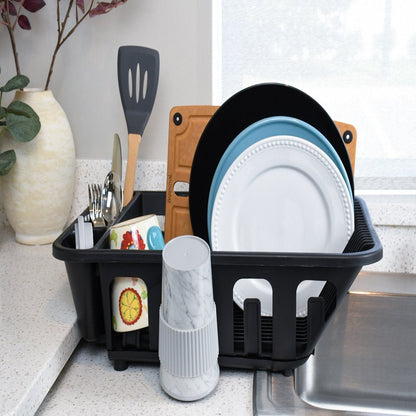 2-Piece Plastic Kitchen Sink Set, Dish Rack with Slide-Out Drip Tray, Black