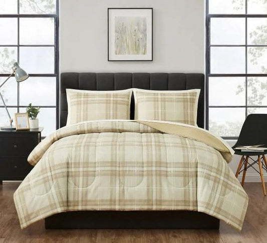 7-Piece Reversible Beige Plaid Bed in a Bag Comforter Set with Sheets, King