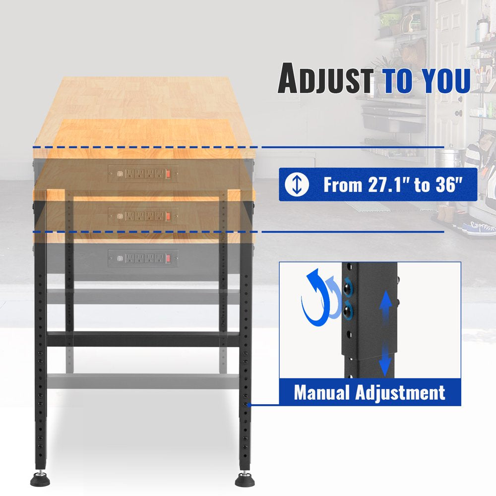 Workbench Adjustable Height, 61"L X 20"W X 36"H Garage Table W/ 27.1" - 36" Heights & 2000 Lbs Load Capacity, with Power Outlets & Hardwood Top & Metal Frame & Foot Pads, for Office Home