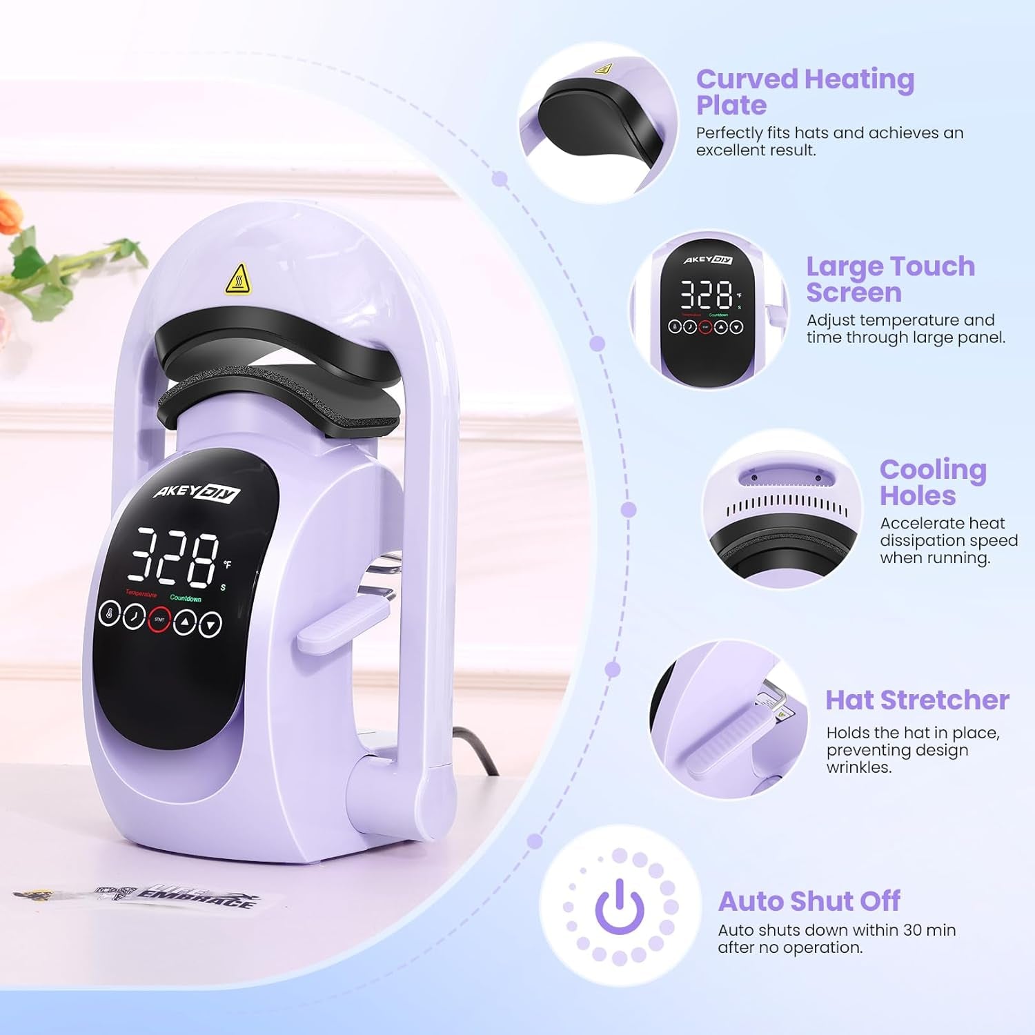 AKEYDIY 3-In-1 Auto Cap Heat Press Machine, Hat Heat Press with 3Pcs Replaceable Heating Pads, Automatic Release&Press Large Touchscreen Digital Control Panel, DIY Sublimation Caps T-Shirts Bags