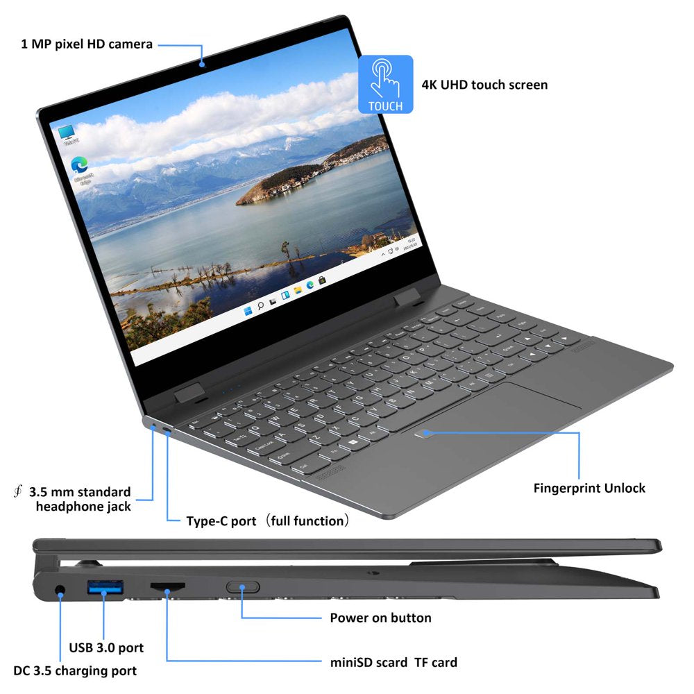 Y140 2-In-1 Laptop 14.1" 4K UHD Screen, 12GB DDR5 RAM, 512GB SSD, Intel N95 Processor - Grey