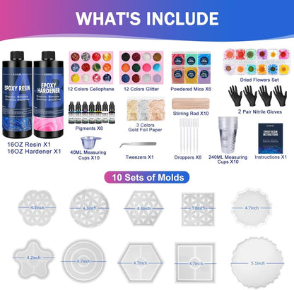 KISREL Epoxy Resin Kit for Beginners, 32Oz Resin Kit with Coaster Molds, Complete Accessories Include Pigment, Mica Powders, Dried Flowers, Glitter, Measuring Cups and Other Resina Supplie