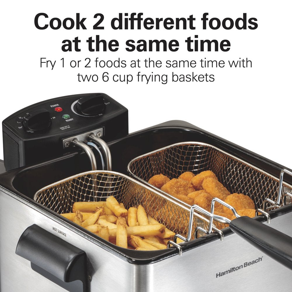 Professional-Style Deep Fryer with 2 Frying Baskets, 4.7 Quart or 19 Cup Oil Capacity, Lid with View Window, Stainless Steel, 35036