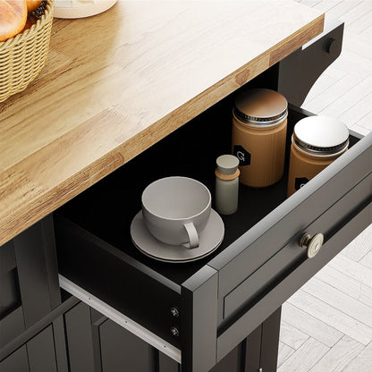 Rolling Kitchen Island, Kitchen Cart with Rubber Wood Countertop, Lockable Casters, Adjustable Shelves, Matte(Black-43.3"X17.7"X32.5")