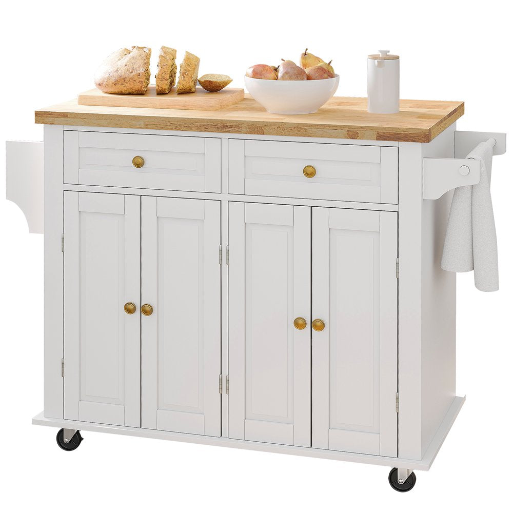 Rolling Kitchen Island, Kitchen Cart with Rubber Wood Countertop, Lockable Casters, Adjustable Shelves, Matte(White-43.3"X17.7"X32.5")